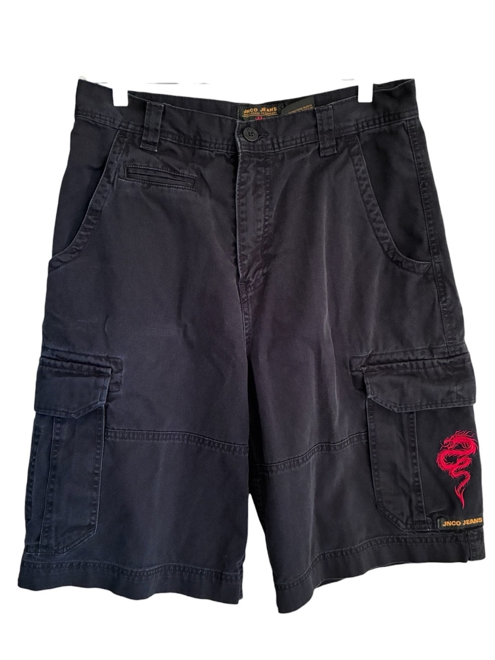 Vintage 2000s Y2K JNCO Black Skater Cargo Shorts Red Dragon Embroidery Sz 34